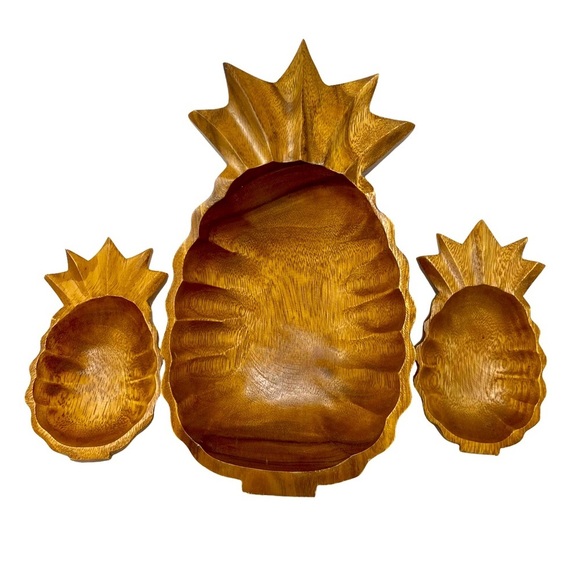 MonkeyPod Wooden Pineapple Dish with Wooden Spoons. Set of Three - Picture 10 of 11